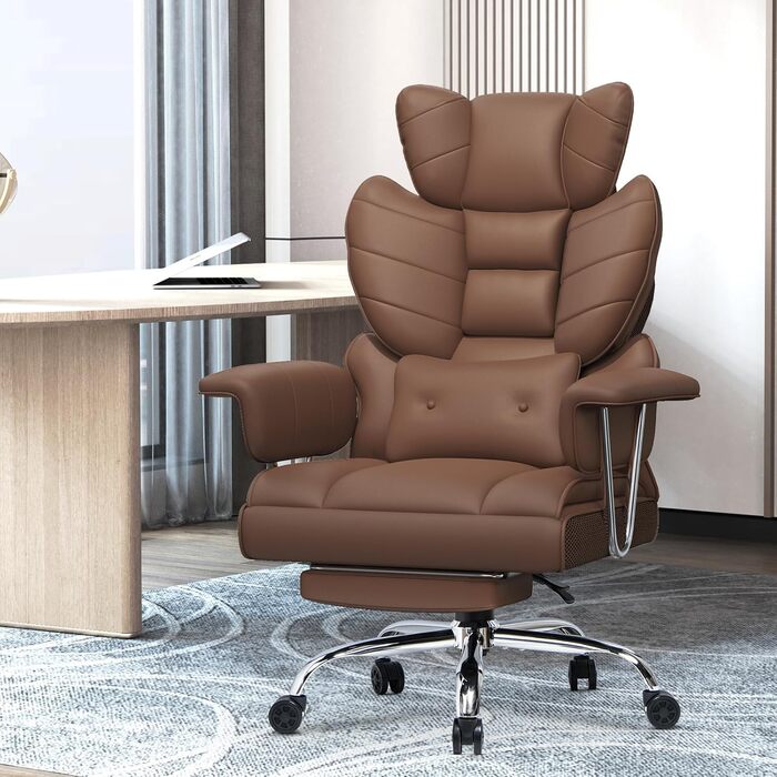 Ергономічне крісло для офісу з висувною підніжкою, регульоване по висоті, велика м'яка спинка, індивідуальна підтримка попереку, крісло для начальника з PU-шкіри, з підніжкою