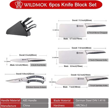Набір кухонних ножів WILDMOK 6 предметів з блоком. Ультрагострі ножі з нержавіючої сталі з ABS-ручкою. Азіатський набір ножів для кухні