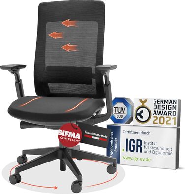 Крісло Yaasa Ergonomic – ергономічне офісне крісло з підтримкою попереку та регульованими підлокітниками – поворотне крісло з регулюванням опору спинки – для дому та офісу – 120 кг (Чорний, Essential)
