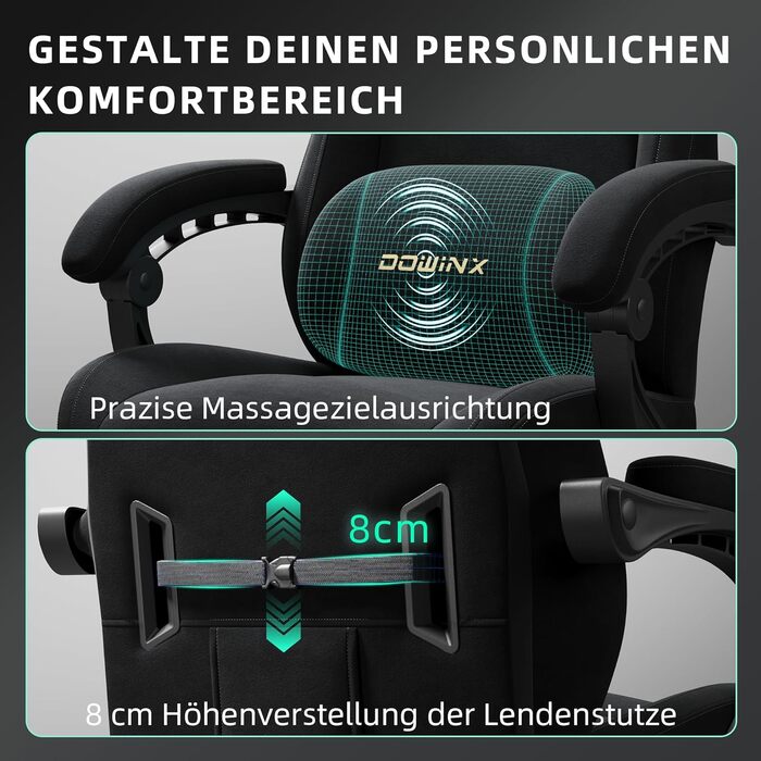Ігровий крісло Dowinx з регульованою висотою масажного поперекового підпорки, ергономічний дизайн, м'яка мікрофібра велюр, посилене сидіння, підголівник та підніжка в комплекті, кут нахилу 155°, чорний/титан
