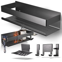 Набір для зберігання в душі Henal 5 в 1: поличка, тримач для бритви, скребок для скла, мильниця та гачки. Організатор для ванної кімнати XXL, не потребує свердління, з нержавіючої сталі, матовий чорний