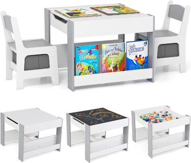 Дитячий стіл з 2 стільцями COSTWAY: дерев'яний набір 4 в 1 з регульованою стільницею, полицями та ящиками для зберігання, для дітей від 3 років (сірий)