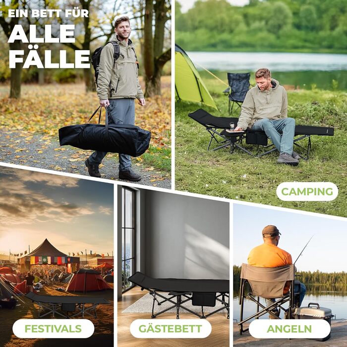 Розкладне кемпінгове ліжко NORDICTRAILS XXL з м'яким матрацом, чорне (190 x 70 см) — зручне ліжко для відпочинку на природі, риболовлі та гостей