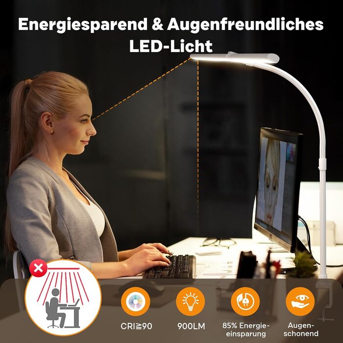 LED настільна лампа Doppelkopf з регулюванням яскравості, 24W, 80см, з клемою, денне світло, гнушкий шийка, для офісу, захист очей, з тримачем для телефону, чорна