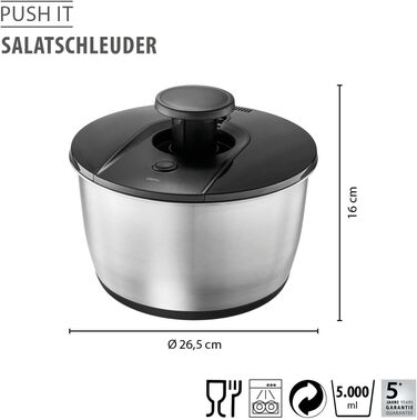 Салатниця GEFU з кришкою для зберігання, 3л, пластикова чаша з вбудованим ситом та ручним приводом, чорно-сіра