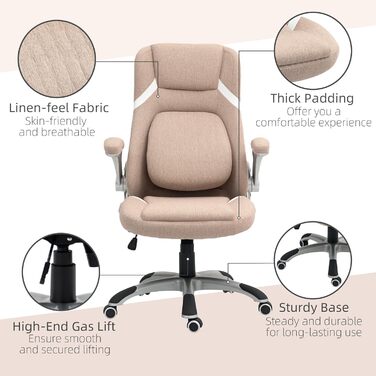 Крісло офісне Vinsetto ергономічне з регульованими підлокітниками та підголівником, з підтримкою попереку, регульоване по висоті, з функцією гойдання та текстильною оббивкою, світло-коричневе