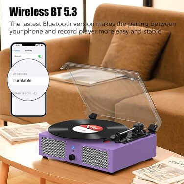 Вініловий програвач Udreamer з Bluetooth, вбудованими динаміками, пасиковим приводом, вінтажний фоноґраф на 3 швидкості, для музики та декору, фіолетовий