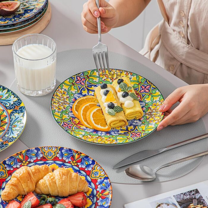 Обідні тарілки Vancasso Порцеляновий набір з 6, 8.5 дюймів різнокольорові тарілки для сніданку, керамічні десертні тарілки, мікрохвильова піч, духовка та посудомийна машина, барвистий посуд у богемному стилі для кухні Десертні тарілки Simi