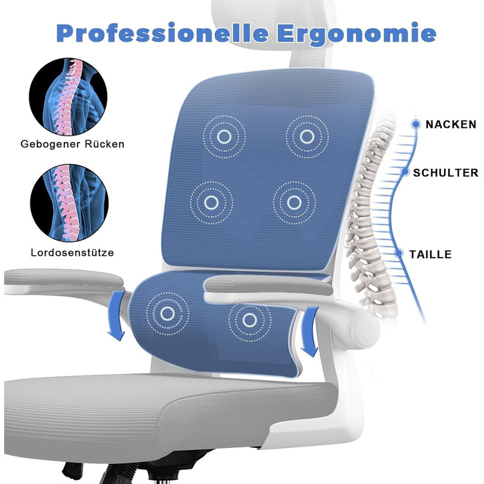 Офісне крісло Naspaulro з регульованою підголівником, підлокітниками та підтримкою попереку, дихаючий сітчастий чохол, сірий колір, для дому та офісу