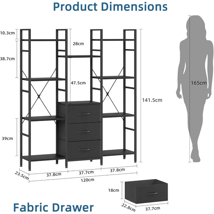 Стильна полиця-стеллаж з 4 висувними ящиками з тканини, 142 см, чорний колір. Ідеально для вітальні, офісу, кухні, балкону. Книжкова полиця, стелаж-куб, полиця для зберігання.