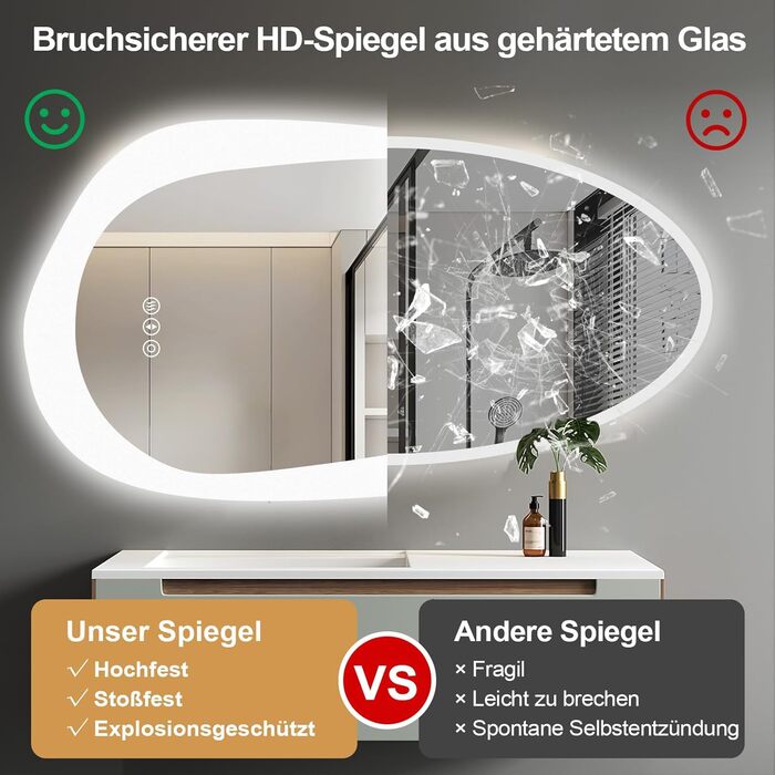 Дзеркало для ванної кімнати YOLEO з підсвічуванням 90x70 см, LED дзеркало з переднім та заднім освітленням, дзеркало з пам'яттю, 3 регульовані кольори світла, антизапар, (100L x 66B cm)