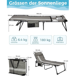 Лежак для відпочинку KingCamp великого розміру, розкладний, 5 положень, для саду, кемпінгу, пляжу, з подушкою та кишенею, до 200 кг, 200 x 68 см, сірий