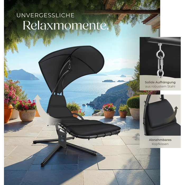 Тектайк® Гамак з каркасом, гамак-шезлонг, гамак-гойдалка з сонцезахистом, гамак-крісло з сумкою, подушкою для голови, для саду, тераси та балкону - (Чорний)