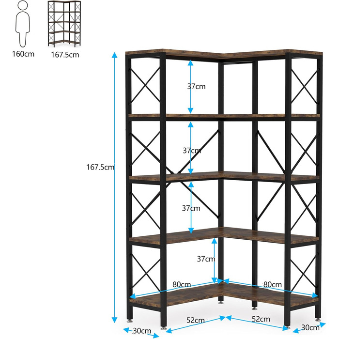 Кутова книжкова шафа Tribesigns на 5 полиць, сучасний високий стелаж для зберігання з металевим каркасом (коричневий)