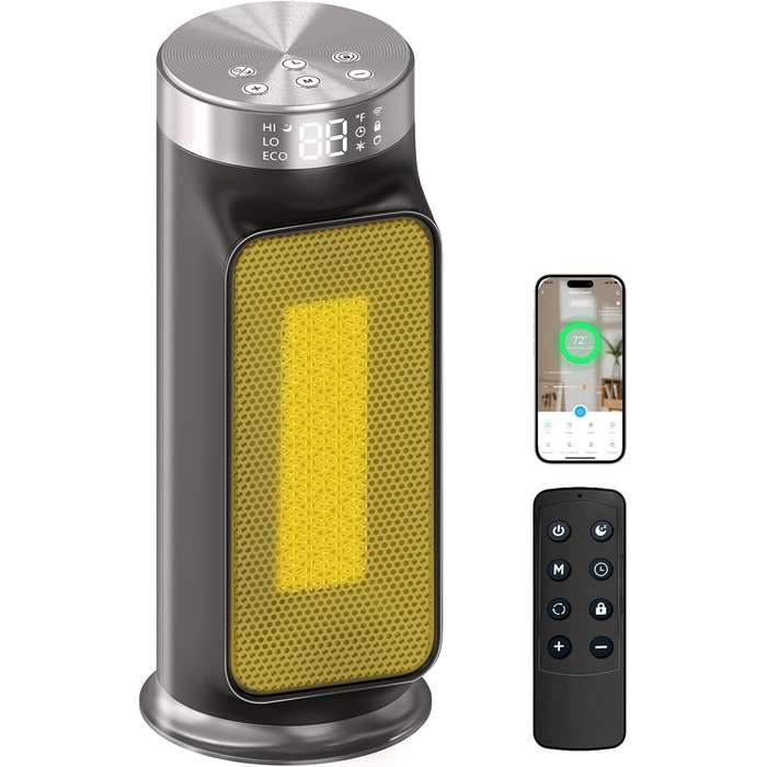 Електричний обігрівач 1800W з керамічним нагрівачем, розумний, енергозберігаючий, з Wi-Fi, керуванням через додаток та пультом дистанційного керування, з таймером 24 години