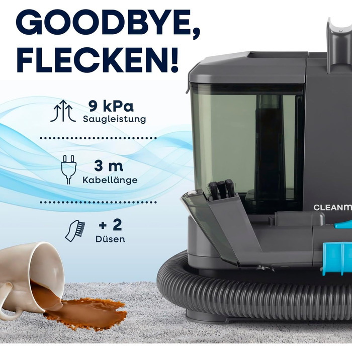 CLEANmaxx Професійний пароочисник та чисник для килимів та м'яких меблів | Пароочисник для плям | EASYmaxx засіб для чищення килимів | Для диванів, авто, килимів, м'яких меблів | Чорний, компактний, 330W