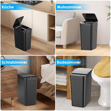 Набір з 2 електричних сміттєвих баків Dreamhigh® 12L з датчиком, автоматичним відкриванням, 3 режимами відкривання, тихим, водонепроникним корпусом для кухні, ванної, офісу, вітальні, чорний