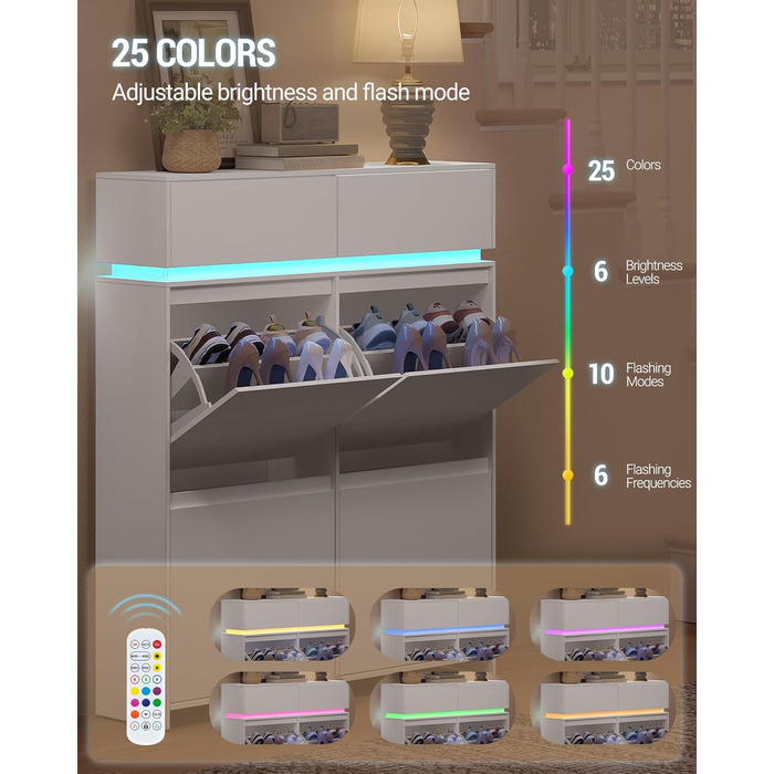 Взуттєва шафа Hzuaneri з 4 стулками, вузька, з LED-підсвічуванням, регульована перегородка, на 20 пар, 100 x 119 x 24 см, для передпокою, біла SR53603XEU