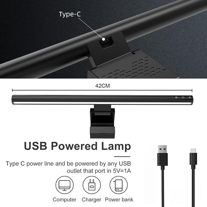 LED-лампа для монітора з сенсорним керуванням, USB-світлодіодна стрічка з захистом від синього світла, сучасна підсвітка монітора з адаптером живлення, світлодіодна лампа для комп'ютера, офісу та дому