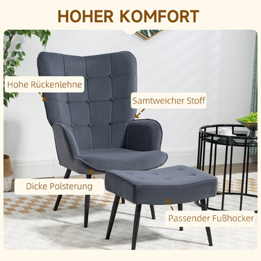 Оксамитова оббивка HOMCOM Recliner з підлокітниками і підставкою для ніг, стильним обіднім кріслом і зручним кріслом