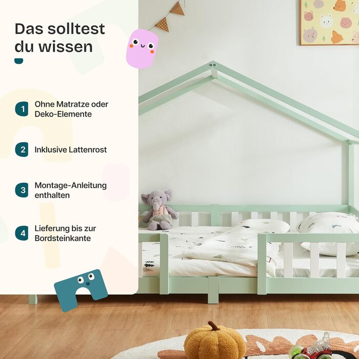 Дерев'яне ліжко для дітей Treviolo з захистом від падіння, Montessori, 140x200 см, сосна, колір дерева (м'ятний/білий)
