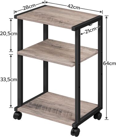 HOOBRO Стіл для принтера з 3 ящиками, регульована висота, на колесах, 42 x 28 x 64 см, для офісу, сканера, копіювального апарату, принтера