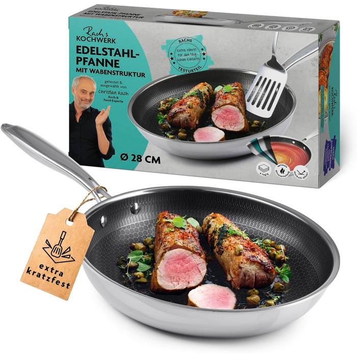 Сковорода Kochwerk Rachs з рифленою поверхнею ⌀28 см | Сковорода з нержавіючої сталі з антипригарним покриттям та високим бортиком | Підходить для всіх типів плит | Стійка до подряпин та придатна для духовки | З рецептами ⌀28 см
