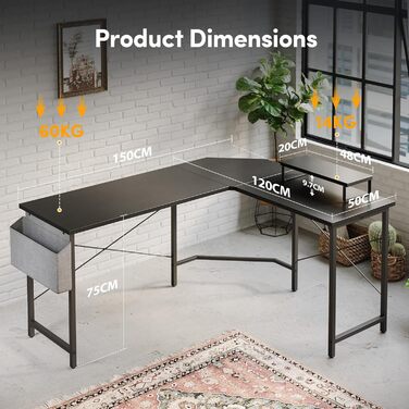 Ігровий стіл CubiCubi L-подібний, 150x120 см, з підставкою для монітора та кишенькою для зберігання, чорний