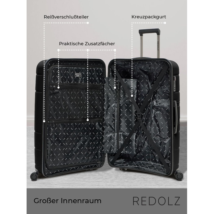 Візок REDOLZ Hard Shell XL 77 см, легкий поліпропілен, 4 подвійних колеса & TSA, чорний