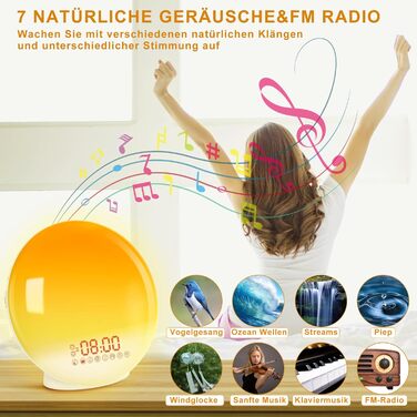 Будильник Cadrim з імітацією сходу сонця та заходу сонця, радіо, 7 природних звуків, FM-радіо, функція повтору, для дорослих та дітей, жовтий