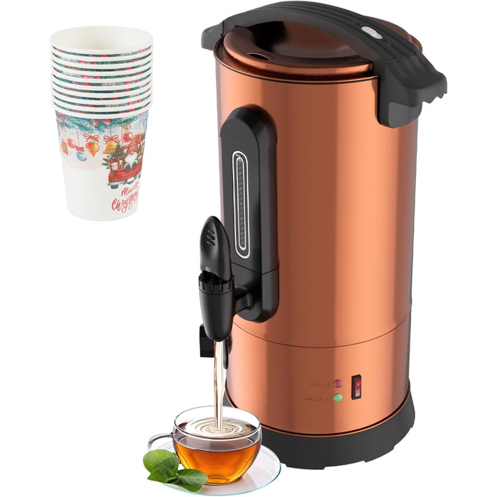 Глювайновий нагрівач 8л з 10 чашками | 1500W диспенсер гарячих напоїв з нержавіючої сталі з термостатом 30–110°C, функція підігріву та виливний кран | Глювайновий автомат для вечірок, мідно-кольоровий 8л