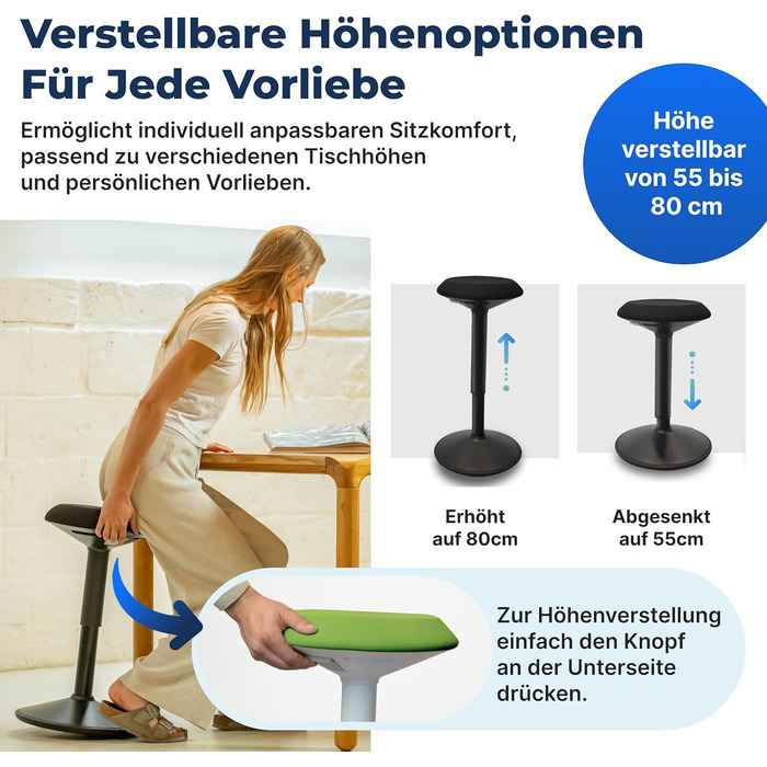 Ергономічний стілець-хокер для офісу та дому, регульована висота 55-80 см, зелений, з ефектом балансування