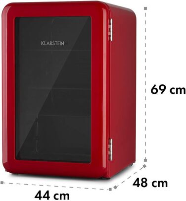 Klarstein Mini-холодильник з скляною дверцятами, 48 л, для кімнати та офісу, з висувною полицею, тихий, 0-10°C, червоний
