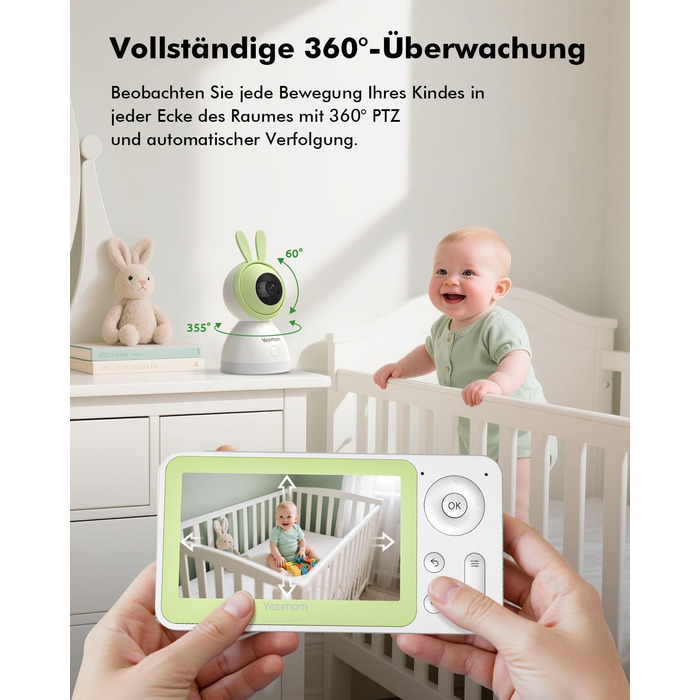 Відеоняня з камерою 1080P HD PTZ 360° та Wi-Fi: монітор для немовлят з додатком, нічним баченням, 4x Zoom, детекцією руху/звуку, двостороннім аудіо, автотрекінгом та сповіщеннями | 8SM