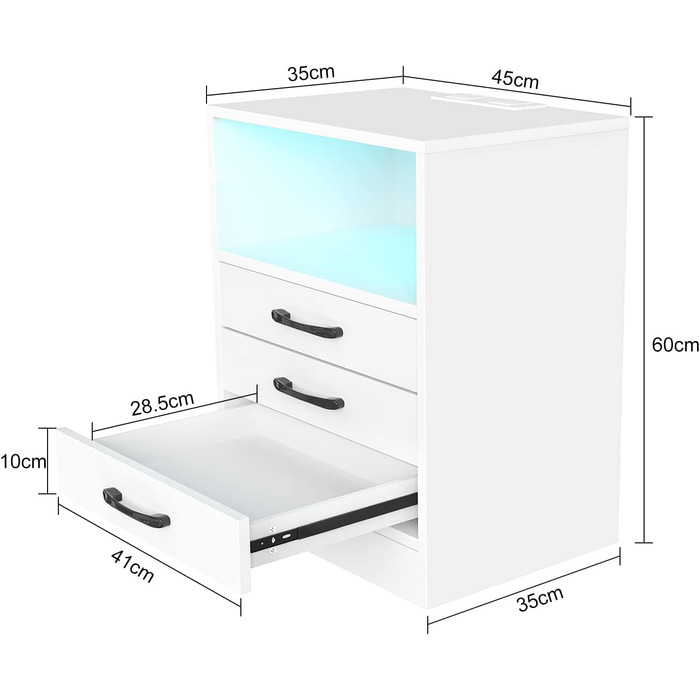 Тумбочка Lvhcmfohm з розеткою, LED підсвічування, 3 ящики, 40x35x60см, біла