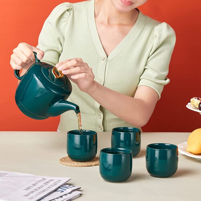 Порцеляновий чайник ZENS з ситечком, керамічний чайний сервіз з намотаною ручкою об'ємом 1000 мл для розсипного чаю, розкішна обробка з золота, гладка темно-зелена