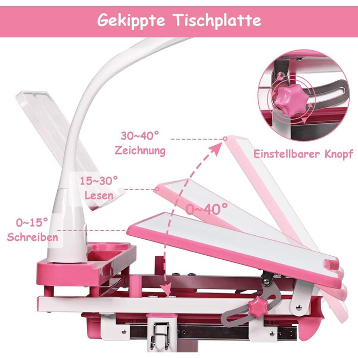 Дитячий стіл COSTWAY регулюється по висоті, учнівський стіл з лампою, дитячі меблі регулюється нахилом, дитячий стіл зі стільцем, письмовий стіл з ящиком, вибір кольору (світло-рожевий)