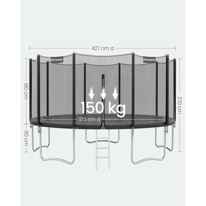 Батут SONGMICS вуличний Ø427 см з захисною сіткою, драбиною та м'якими стійками, чорний