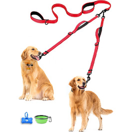 Повідець для собак PetBonus подвійний повідець для 2 собак, повідець для собак середнього розміру, регульований світловідбиваючий повідець для собак з 4 зручними м'якими ручками (червоний)