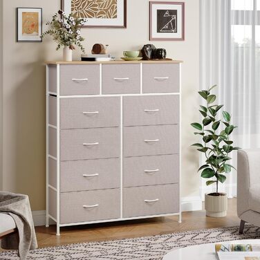 Тумбочка Somdot з висувними ящиками, тканинна тумбочка, тумбочка для спальні, вітальні, коридору, шафа з ящиками, 5 тканинних ящиків, білий колір, штучна шкіра (сірий, 30T x 100B x 118.5H см (11 ящиків))