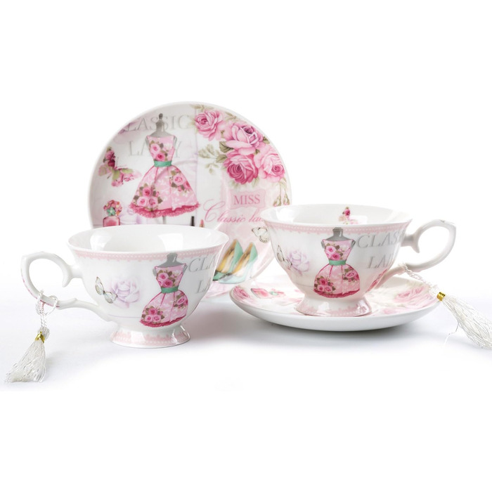Набір чашок та блюдець London Boutique, Шabby Chic, вінтажний дизайн, порцеляна з квітковим візерунком, 2 комплекти в подарунковій коробці, кераміка (Роза)