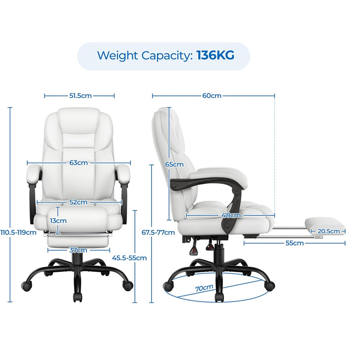 Ергономічне крісло Yaheetech для офісу, для начальника з підставкою для ніг, регульовані підлокітники, комп'ютерне крісло з високою спинкою, біле