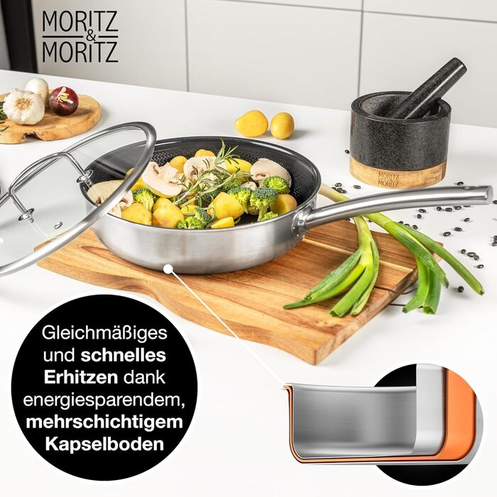 Сковорода з нержавіючої сталі Moritz & Moritz з кришкою 28 см з керамічним покриттям нового покоління - підходить для всіх типів плит - антипригарна сковорода з вафельною структурою для приготування, смаження та тушкування. Діаметр 28 см