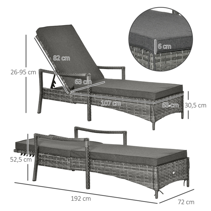 Outsunny Sun Lounger Ротанговий шезлонг Садовий шезлонг з регульованим чохлом на подушці сірий 192x62.5x52.5см для тераси та балкона