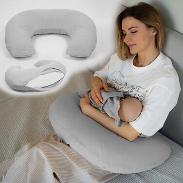 Подушка для годування та вагітності PaLulli XL (170x30 см), органічна бавовна, мусліновий чохол, сіра