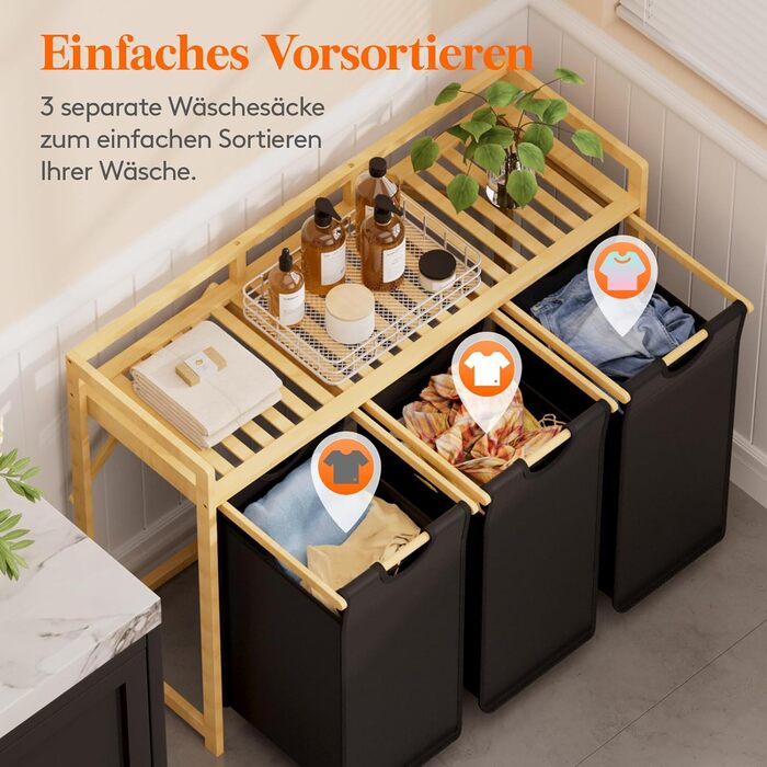 Кошик для білизни Lifewit з бамбуковим каркасом, 150л, 3 відділення, білий/чорний