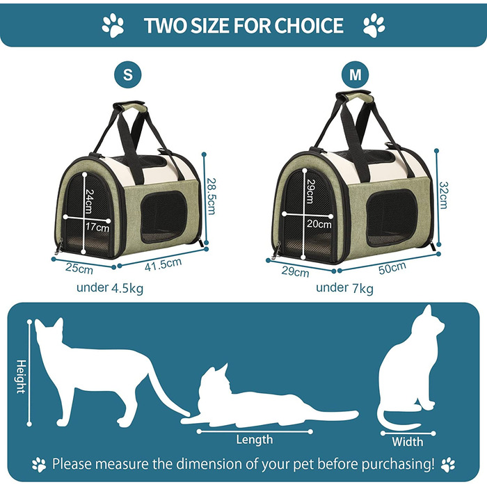 Сумка для перенесення домашніх тварин для кішок і маленьких собак складна сумка для перенесення домашніх тварин сумка для перенесення собак льотна сумка коробка для собак для подорожей з плечовим ременем плюшева подушка S 41 см x 25 см x 27 см зелений