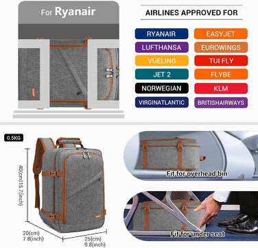 Кабінний рюкзак Kono 40x20x25 см для Ryanair, 20L, сірий/коричневий