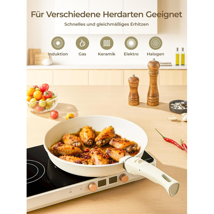 Набір посуду FOHERE 8 предметів: каструлі та сковороди з 2 знімними ручками, сковорода 20/28 см, каструлі 2.6/1.4 л, підходить для всіх плит (індукція), безпечний у духовці та посудомийній машині, бежевий