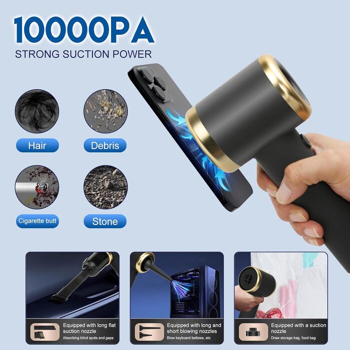 Бездротовий ручний пилосос MKKM для авто та дому, потужність 10000Па, акумулятор 4000mAh, циклонний фільтр для вологого та сухого прибирання, для шерсті тварин
